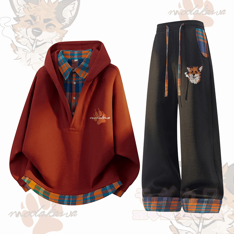 MODAKAWA X atka Fox Smoking Graphic Plaid Hoodie Pants Two Pieces Set - Red & Black - 3XL - image 3