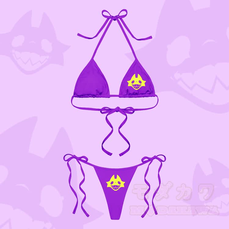 MODAKAWA X TiramisuRat Rat Face Graphic Women's Striped Swimsuit Tie Bikini Two Pieces Set - Purple - 4XL - image 6