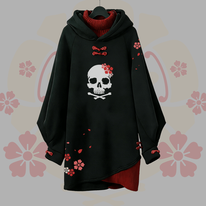Sakura Skull Graphic Buckle Vintage Hooded Sweatshirt Dress - Black - 3XL - image 1
