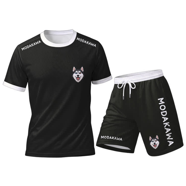 Husky Dog Graphic Sports T-shirt Drawstring Shorts Modakawa Matching Outfit - Black Set - 5XL - image 14