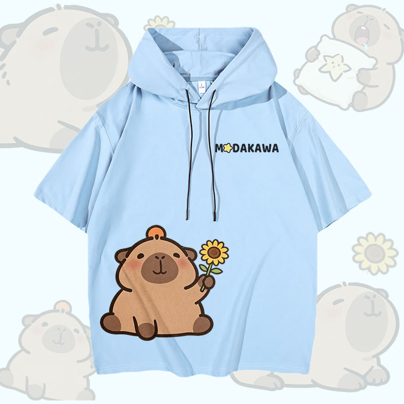 Sunflower Capybara Graphic Modakawa Short Sleeve Hoodie - Sky Blue - 3XL - image 3