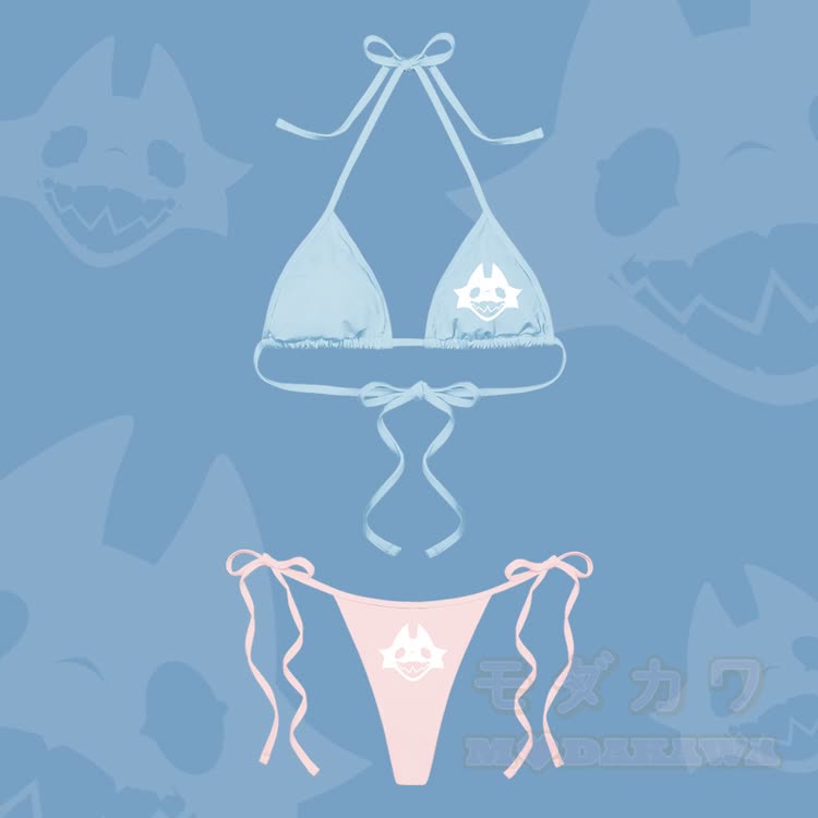 MODAKAWA X TiramisuRat Rat Face Graphic Women's Striped Swimsuit Tie Bikini Two Pieces Set - Blue & Pink - 4XL - image 5