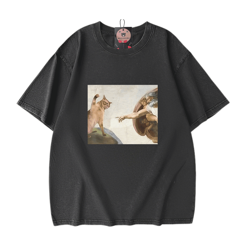 Funny Cat Graphic Modakawa Unisex Vintage Washed T-shirt - Black - 5XL - image 2