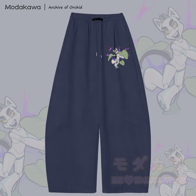 MODAKAWA X Archive of Orchid Mecha Cat Graphic Wide Leg Pants - Purplish Blue - 5XL - image 5