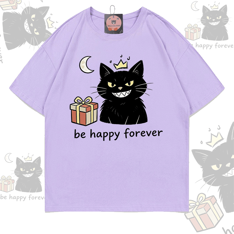 BE HAPPY FOREVER Black Cat Graphic Modakawa 100% Cotton T-shirt - Light Purple - 5XL - image 6
