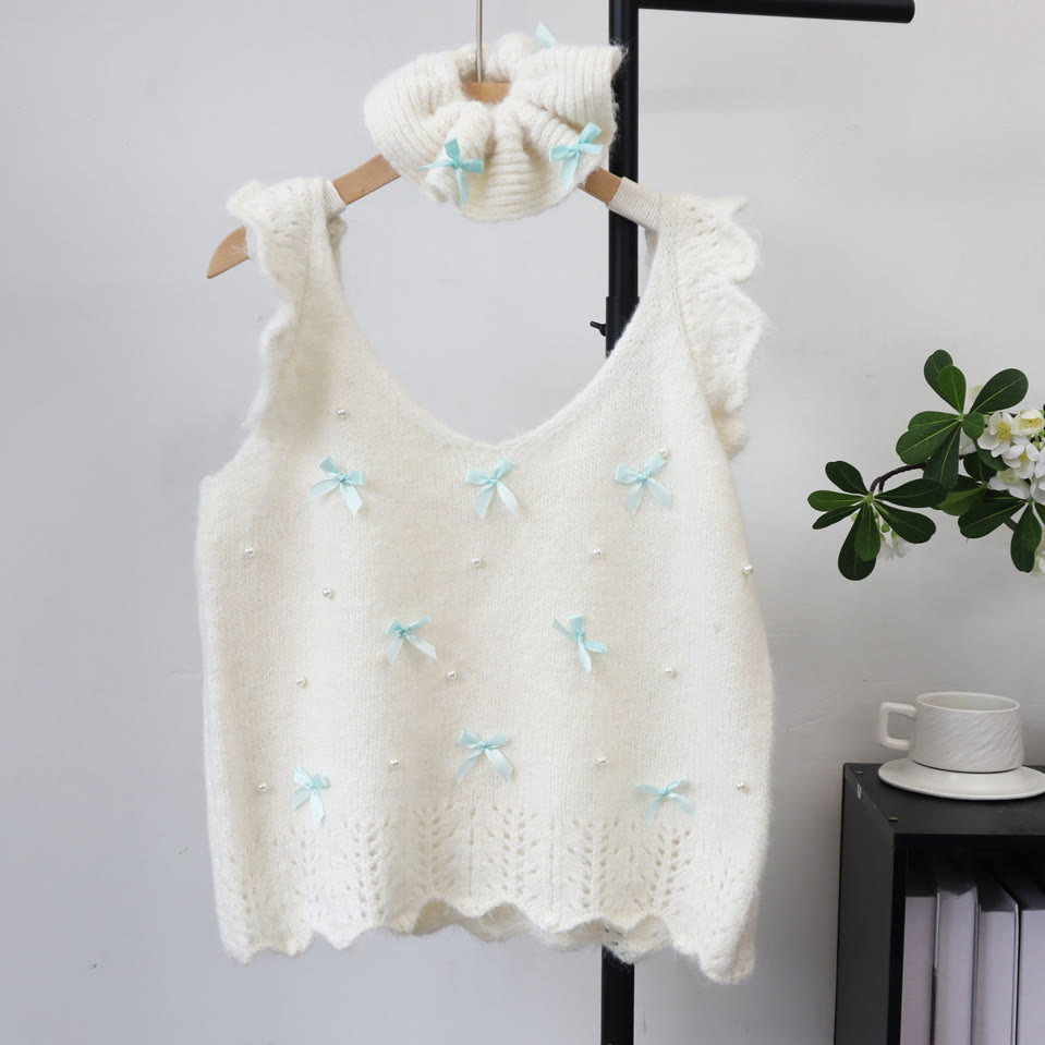 Bow Ruffle Trim Knit Vest - Beige - One Size - image 4