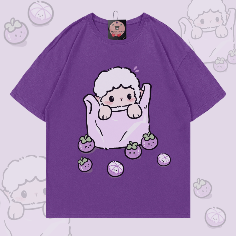 Sheep Blueberry Graphic Modakawa 100% Cotton T-shirt - Purple - 5XL - image 2
