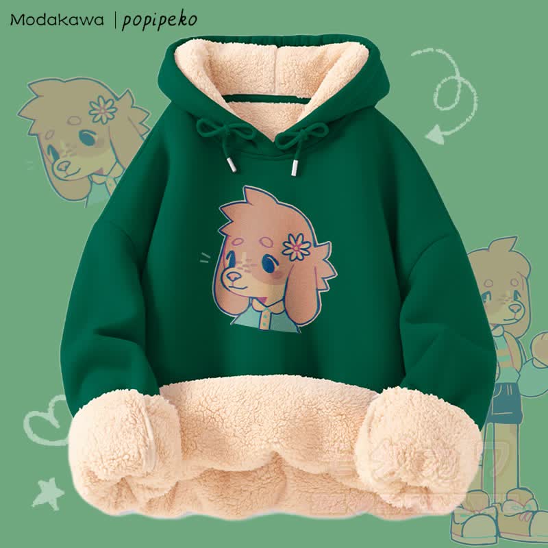 MODAKAWA X popipeko Cute Puppy Graphic Thick Fleece Lined Winter Hoodie - Green - 2XL - image 9