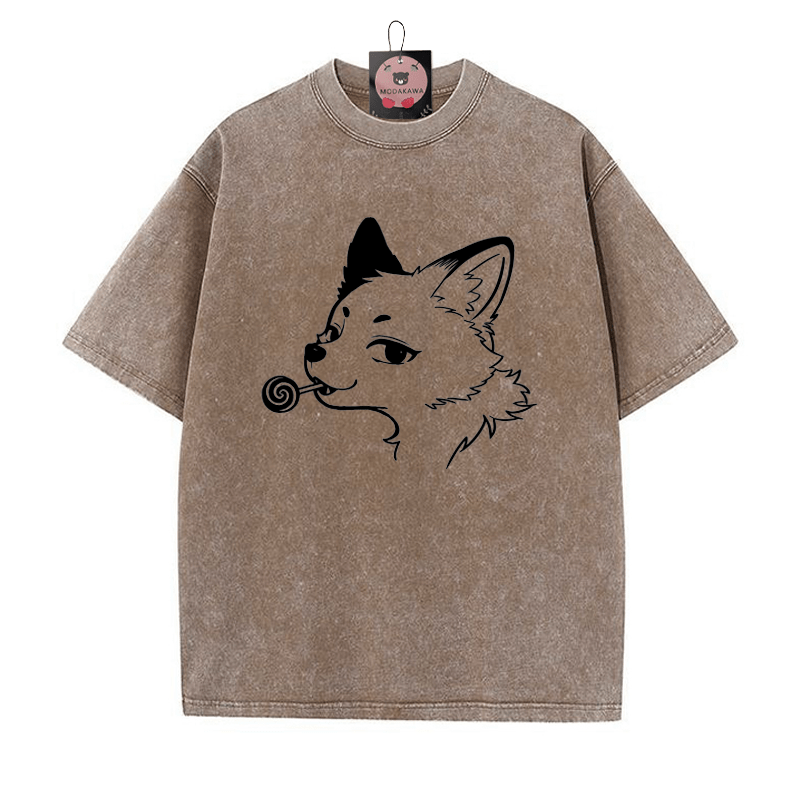 Fox Print Vintage Washed T-shirt - Brown - 5XL - image 3