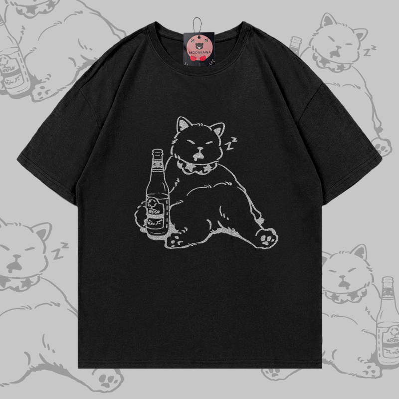 Sleeping Cat Graphic Modakawa 100% Cotton T-shirt - Black - 5XL - image 3