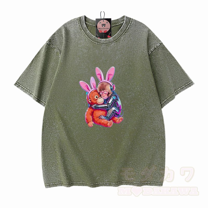 Hugging Cyber Monkey Graphic Modakawa Vintage Washed 100% Cotton T-shirt - Green - 5XL - image 8