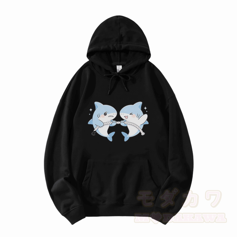Cute Shark Game Graphic Modakawa Loose Cotton-Blend Hoodie - Black - 5XL - image 3