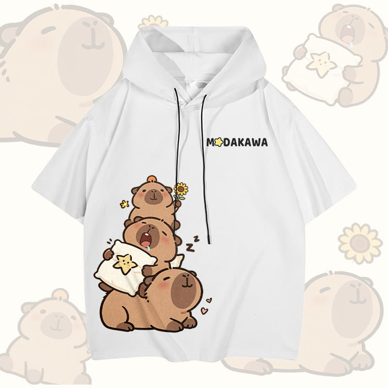 Capybara Stack Graphic Modakawa Short Sleeve Hoodie - White - 3XL - image 2