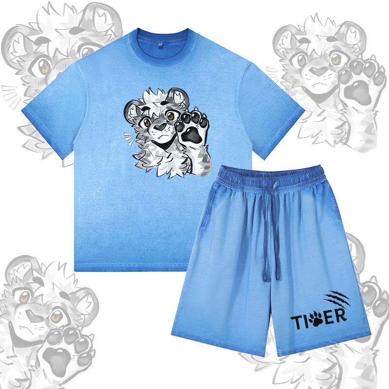 MODAKAWA X atka Tiger Paw Graphic Vintage Washed T-shirt TIGER Letter Graphic Shorts Gradient Two Pieces Set - Blue - 5XL - image 3