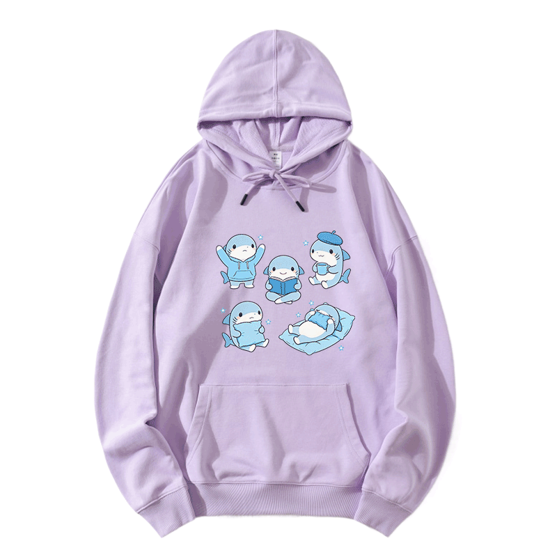 Cute Sharks Graphic Modakawa Loose Cotton-Blend Hoodie - Light Purple - 5XL - image 5