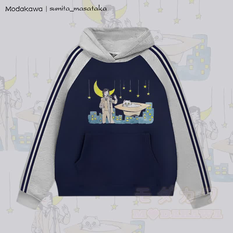 MODAKAWA X sumita_masataka Singer And The Cat Graphic Color Block Fleece Lined Hoodie - Grey&Purplish Blue - 2XL - image 3