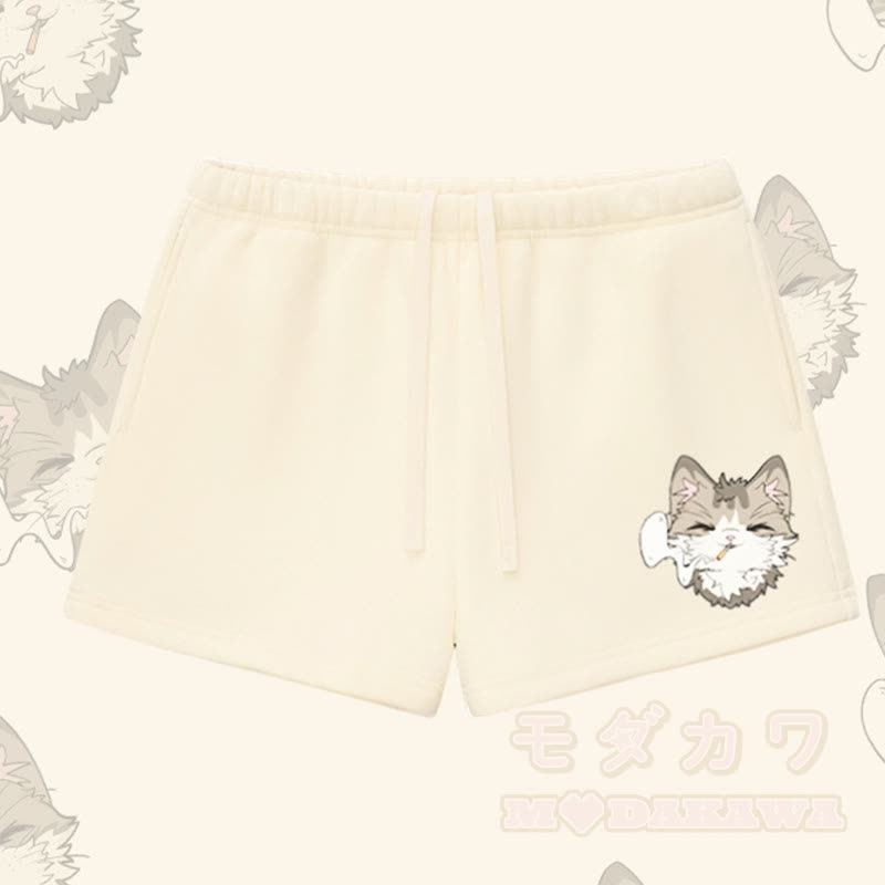 MODAKAWA Smoking Cat Graphic Thick Fleece Lined Shorts - Apricot - L - image 3