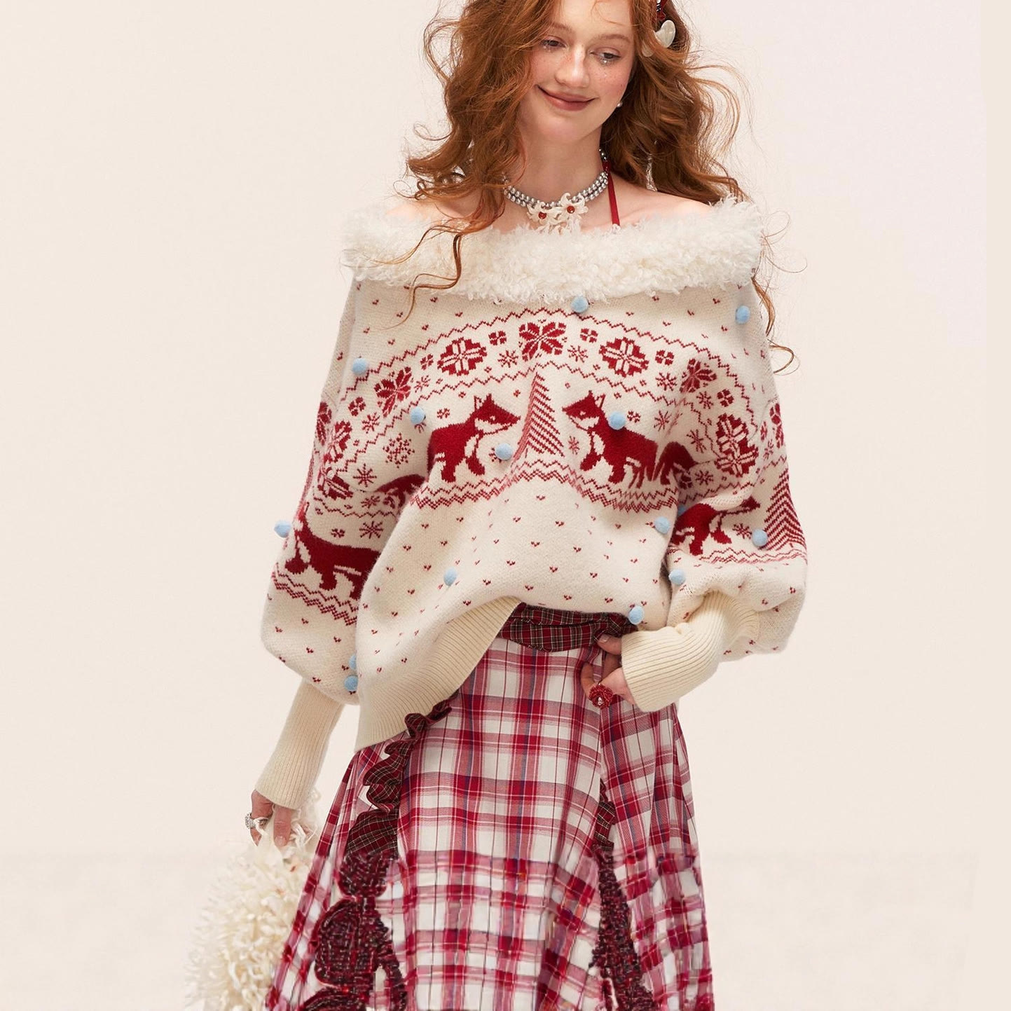 Off Shoulder Fair Isle Fur Collar Sweater - Apricot - L - image 7