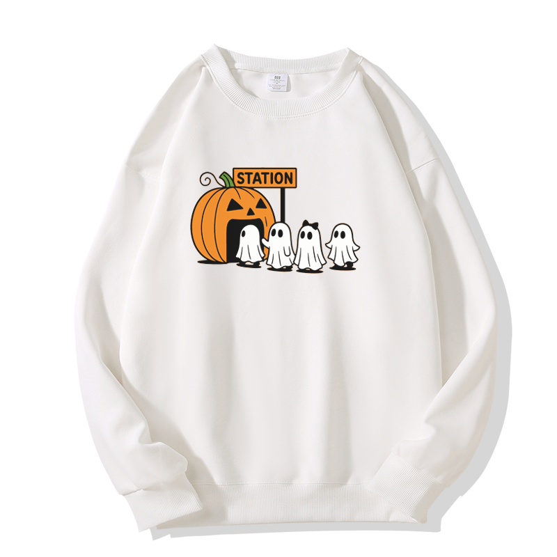 Pumpkin Ghost Print Round Collar Sweatshirt - White - 5XL - image 4