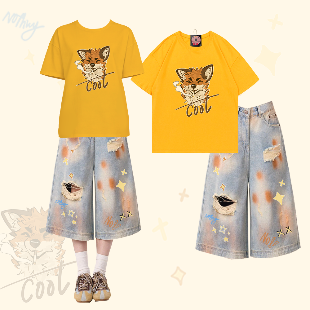 MODAKAWA X atka Smoking Fox Graphic 100% Cotton T-shirt Ripped Cropped Denim Jeans Two Pieces Set - Yellow & Blue - XL - image 3