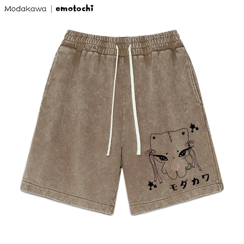 Bow Kitty Graphic Vintage Washed Shorts - Brown - 3XL - image 5