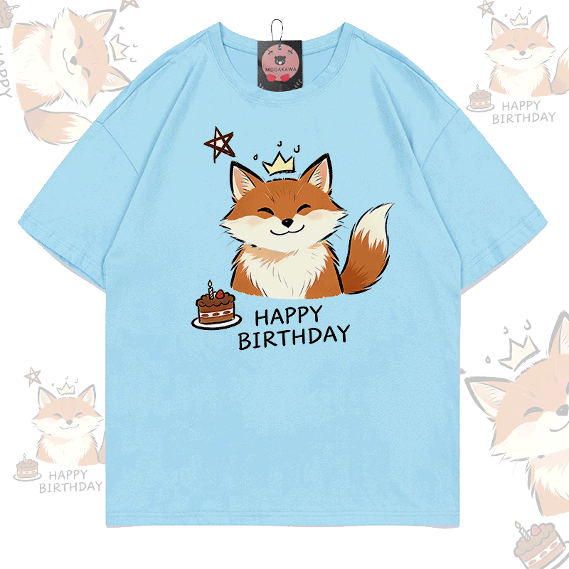 HAPPY BIRTHDAY Fox Graphic Modakawa 100% Cotton T-shirt - Sky Blue - 5XL - image 3