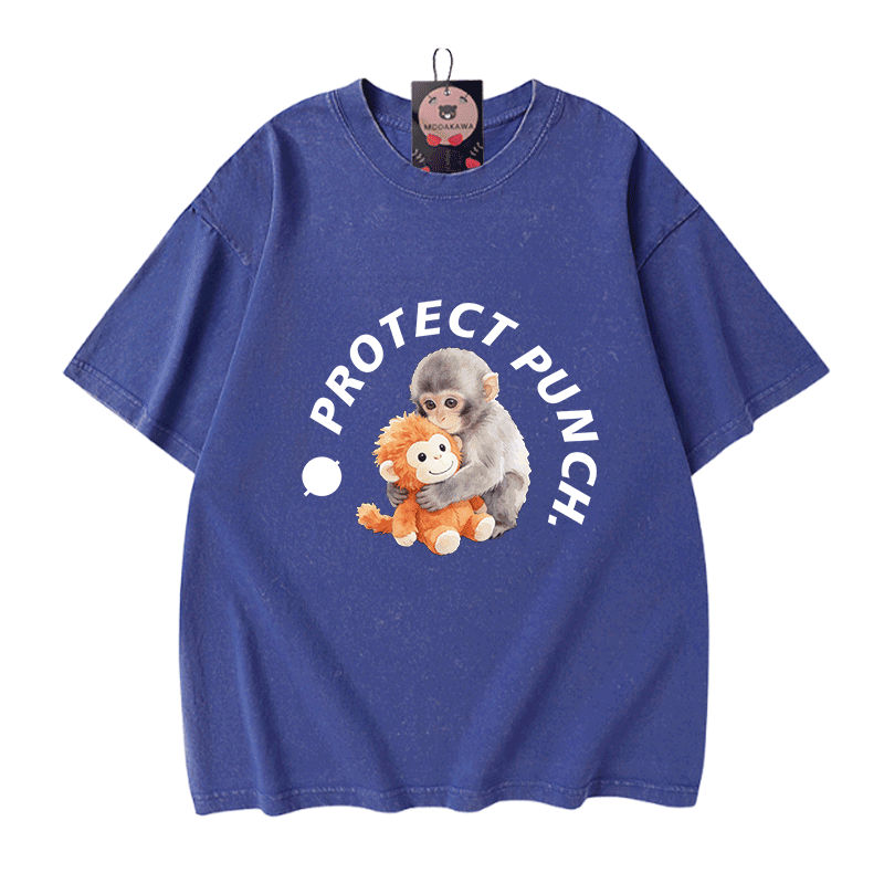 PROTECT PUNCH Hugging Monkey Graphic Modakawa Unisex Vintage Washed T-shirt - Blue - 5XL - image 6