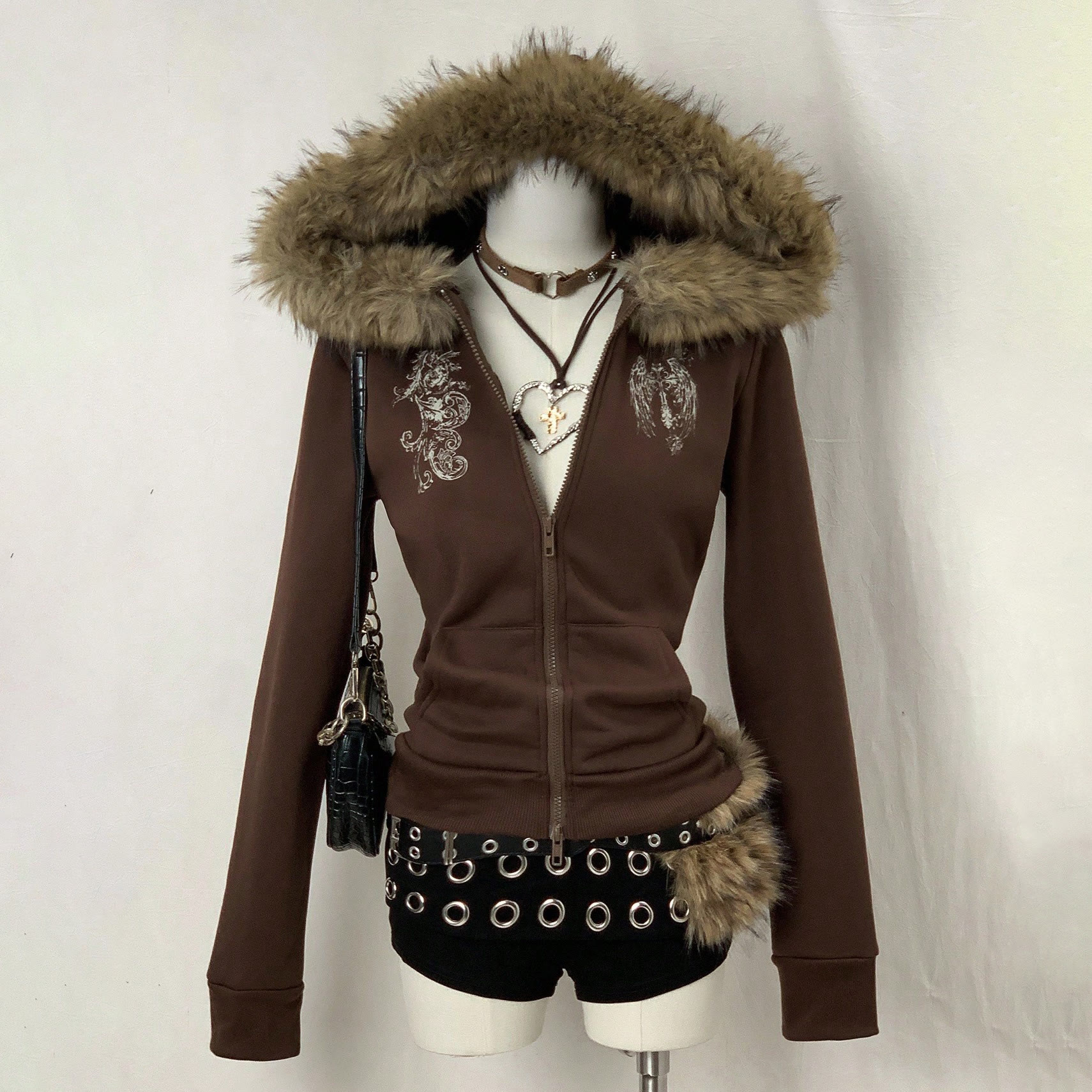 Y2K Faux Fur Collar Zip-Up Hooded Sweatshirt - Coffee - L - image 3