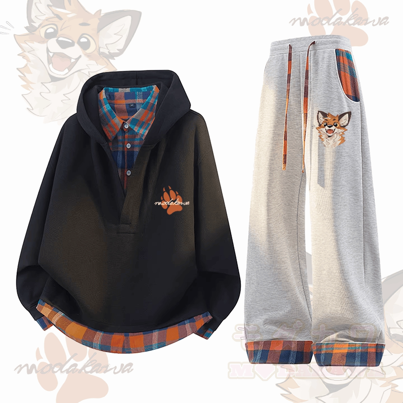 MODAKAWA X atka Cheerful Fox Graphic Plaid Hoodie Pants Two Pieces Set - Black & Grey - 3XL - image 3