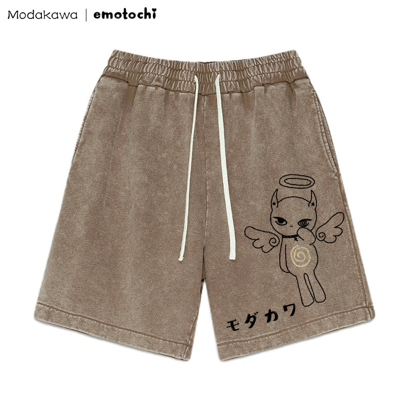 Angel Kitty Graphic Vintage Washed Shorts - Brown - 3XL - image 5