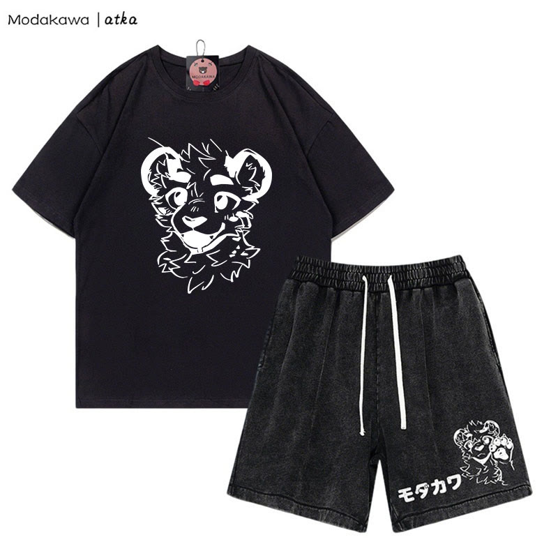 MODAKAWA X atka Tiger Print T-shirt Vintage Washed Shorts Two Pieces Set - Black - 3XL - image 5