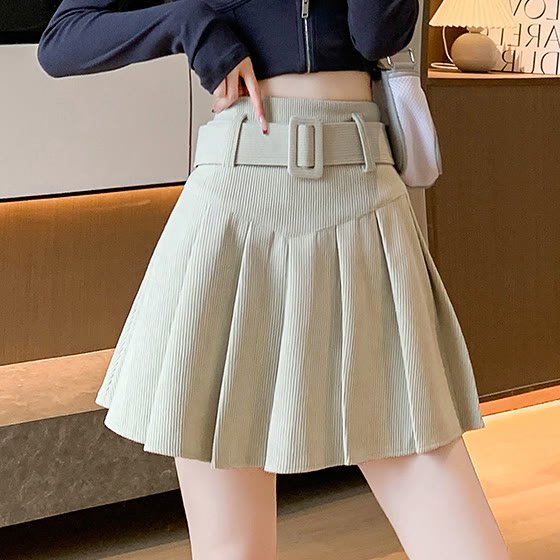 Chic Corduroy Belted Pleated Skirt - Apricot - XL - image 13