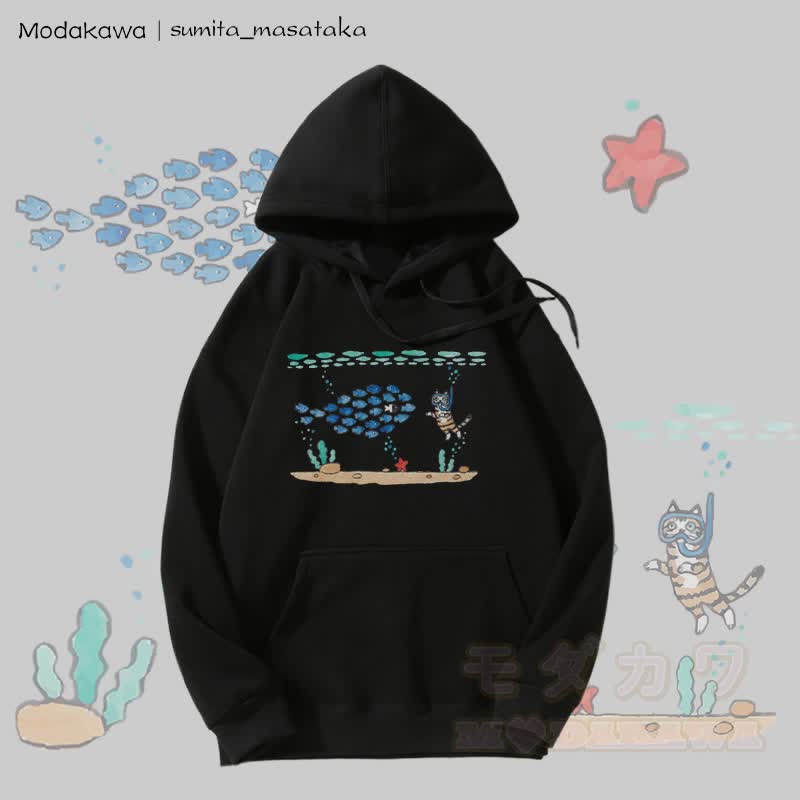 MODAKAWA X sumita_masataka Diving Cat Graphic Fleece Lined Hoodie - Black - 5XL - image 5