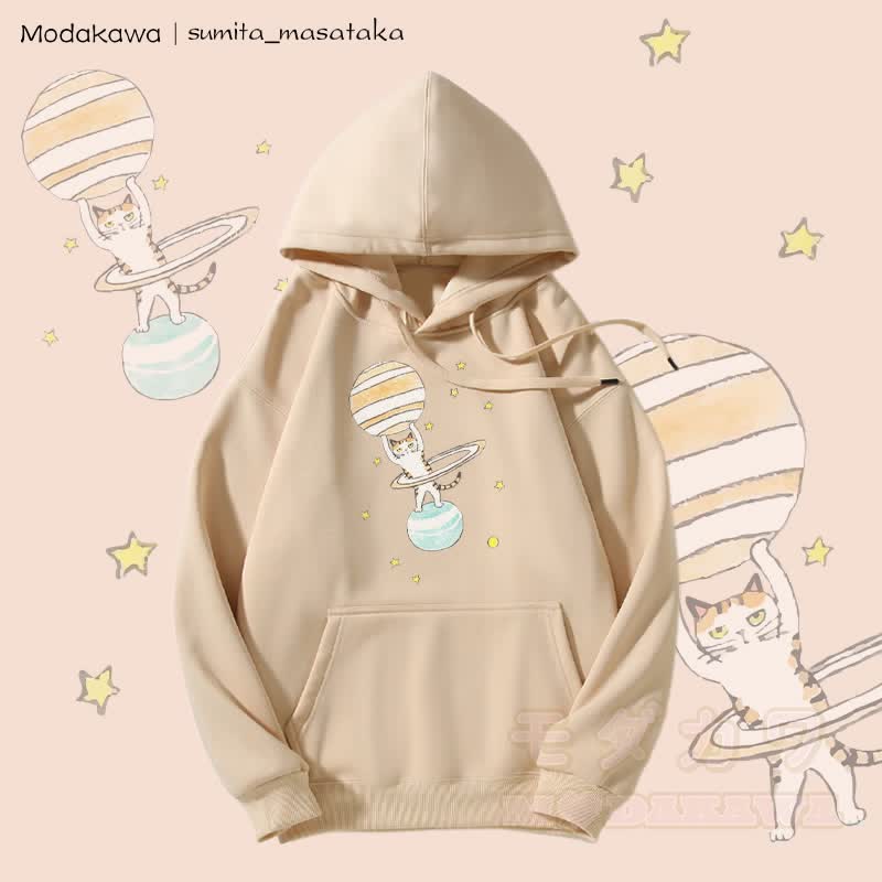 MODAKAWA X sumita_masataka Cat Lifting Saturn Graphic Fleece Lined Hoodie - Apricot - 5XL - image 4