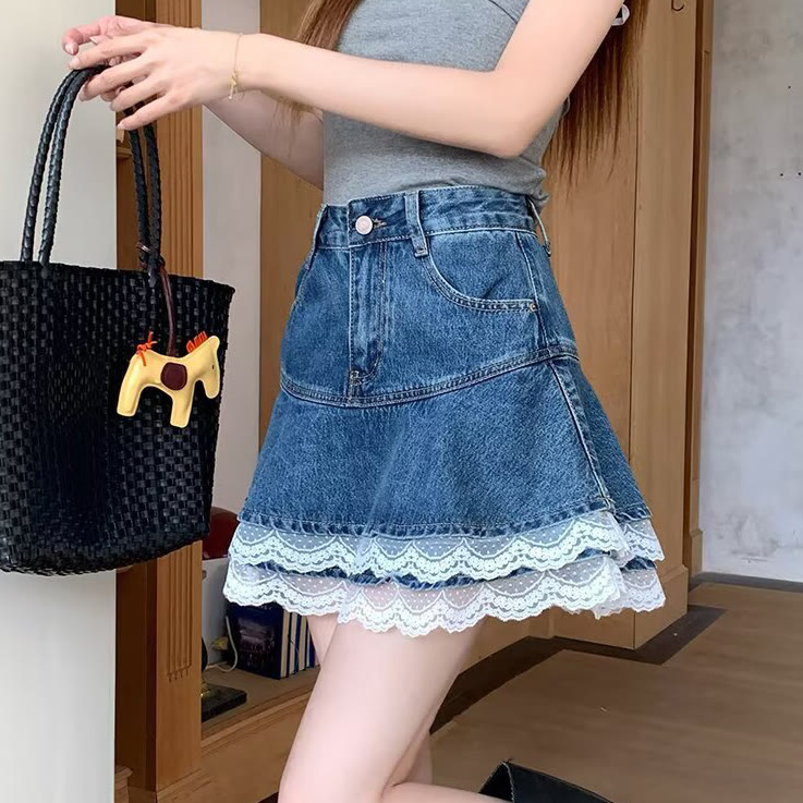 Vintage Lace Patchwork Denim Skirt - image 6