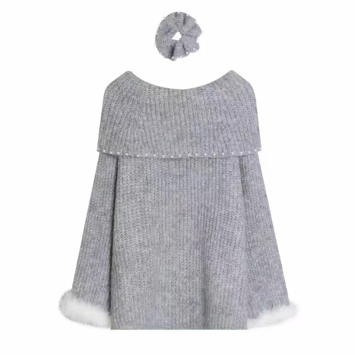 Off Shoulder Fur Sleeve Sweater and Heart Skirt Two Pieces Set - Grey Top - One Size - image 7