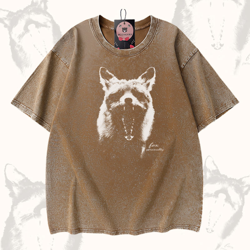Roaring Fox Graphic Modakawa Unisex Vintage Washed T-shirt - Brown - 5XL - image 3