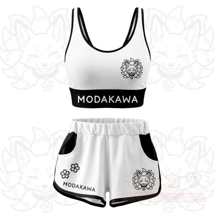 Nine Tailed Fox Graphic Crop Tank Sport Top Shorts Modakawa Matching Outfit - White Set - 5XL - image 13