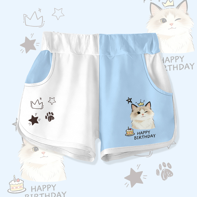 HAPPY BIRTHDAY Wink Cat Cake Graphic Modakawa Color Block Shorts - White & Blue - 5XL - image 3