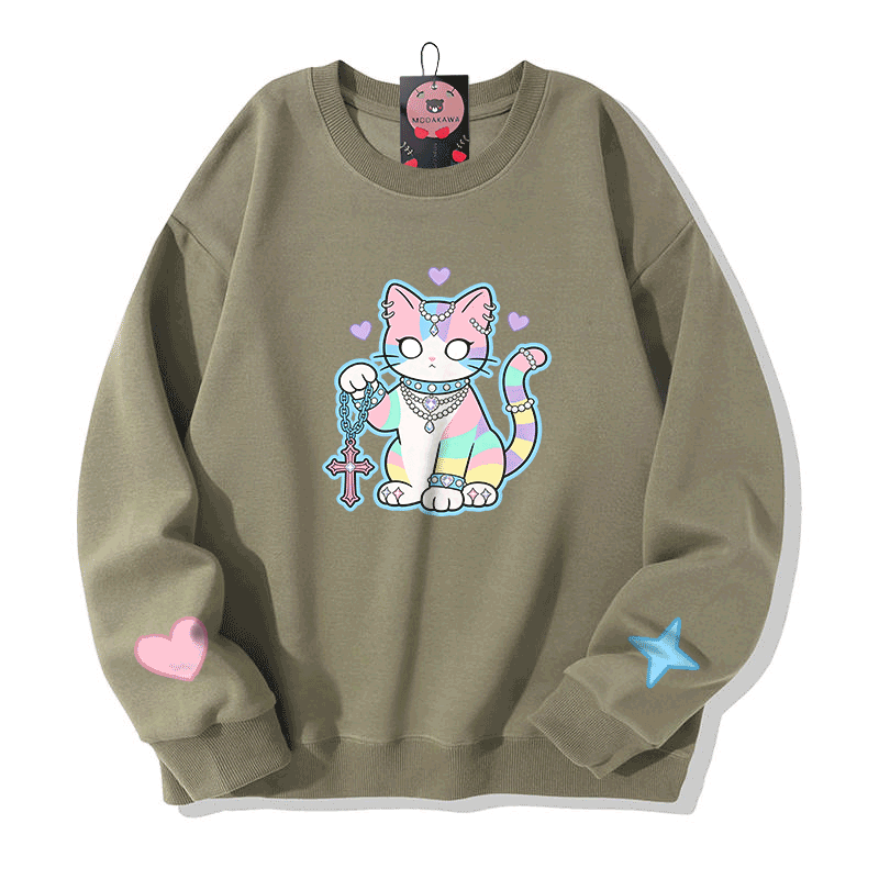 Astrology Cat Graphic Modakawa Sweatshirt - Light Khaki - 5XL - image 5