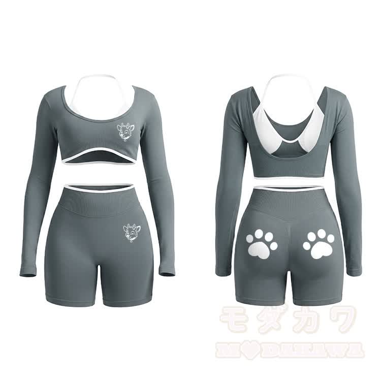 Deer Graphic Tight Long Sleeve Yoga Top & Shorts Set - Grey - XL - image 6
