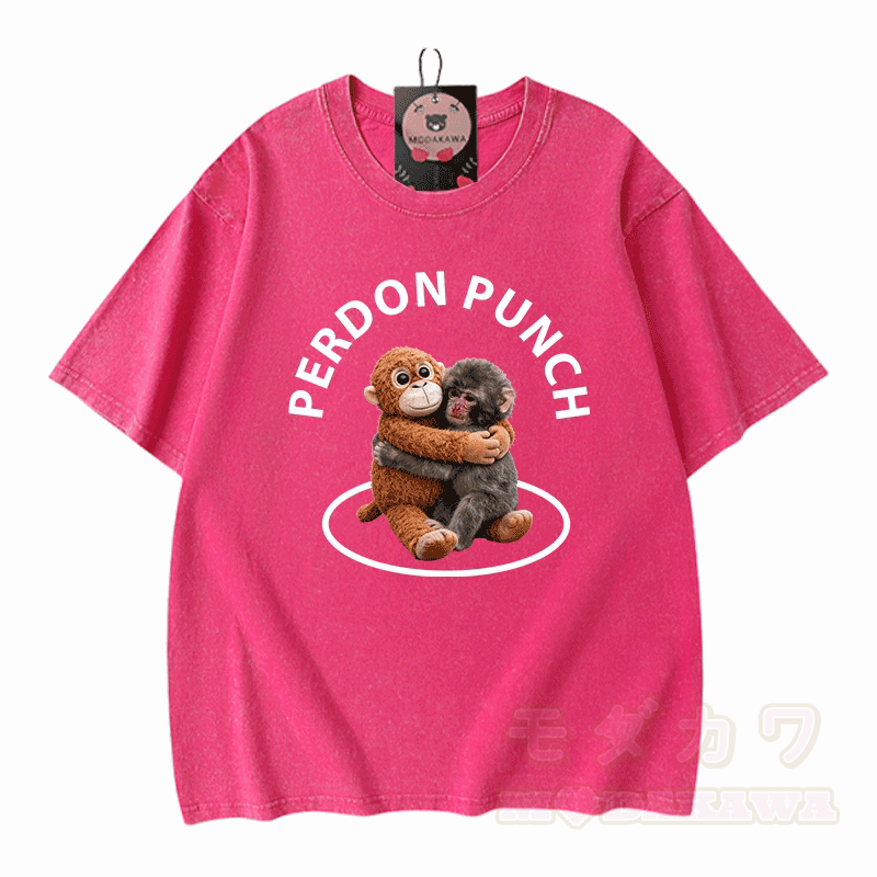 PERDON PUNCH Hugging Monkey Graphic Modakawa Unisex Vintage Washed T-shirt - Rose Red - 5XL - image 3