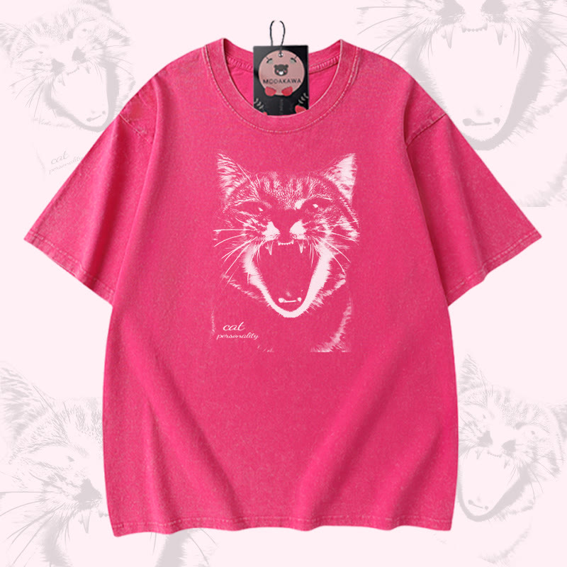 Screaming Cat Graphic Modakawa Unisex Vintage Washed T-shirt - Rose Red - 5XL - image 4