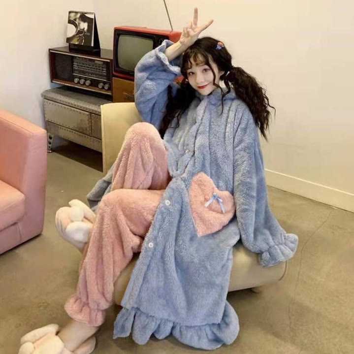 Cute Cartoon Hooded Robe Pajama Set - Blue Heart Robe+ Pants Set - XL - image 9