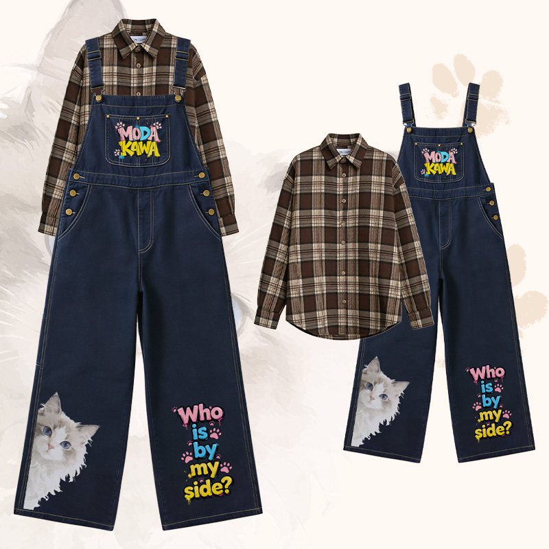 WHO IS BY MY SIDE Cat Graphic POLO T-shirt Wide Leg Denim Overalls Modakawa Matching Outfit - Set B - XL - image 3