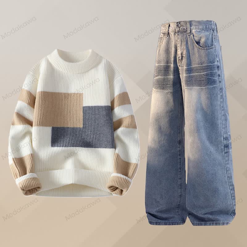Color Block Knit Sweater Denim Pants Two Pieces - Set C - 3XL - image 3