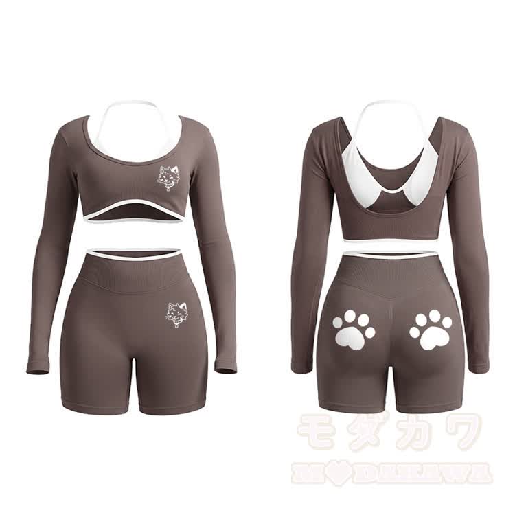 Kitty Graphic Tight Long Sleeve Yoga Top & Shorts Set - Mocha - XL - image 11