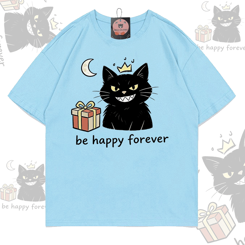 BE HAPPY FOREVER Black Cat Graphic Modakawa 100% Cotton T-shirt - Sky Blue - 5XL - image 4