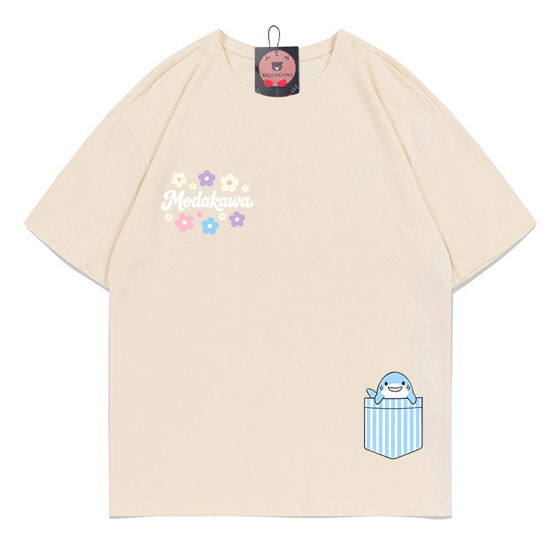 Pocket Shark Flowers Graphic Modakawa 100% Cotton T-shirt - Apricot - 5XL - image 4