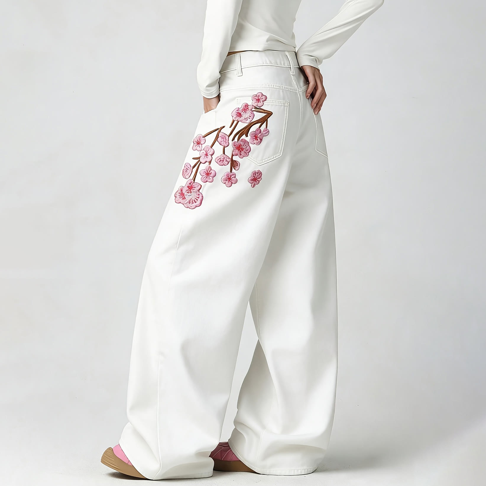 Modern Chinese Inspired Plum Blossom Embroidered Jeans - image 3